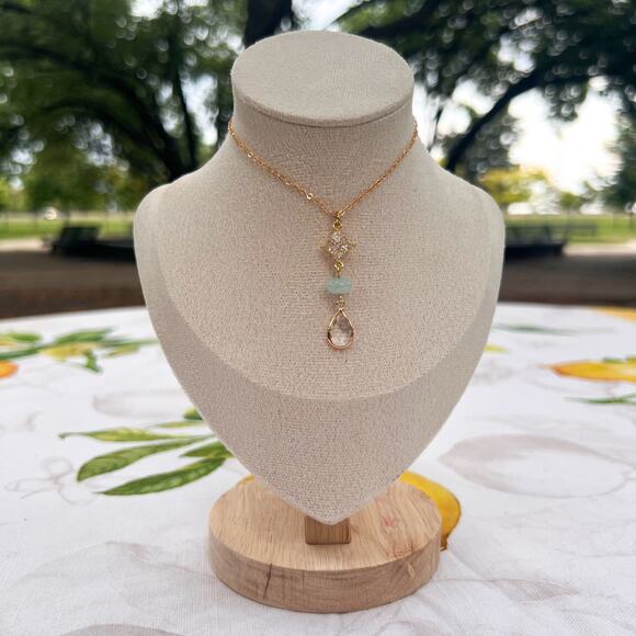 Chalcedony Aquamarine Amazonite Sea Green Diamond Drop ArtDeco Romantic Necklace - Picture 1 of 7